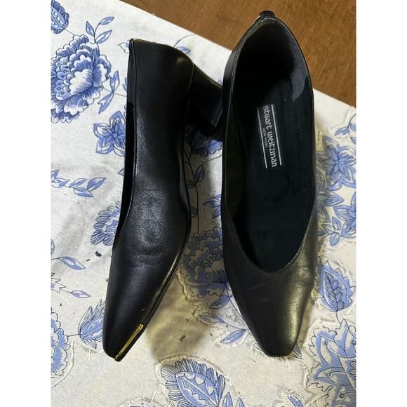 Vintage Stuart Weitzman Women's Pumps Block Almond Toe Heels Black 1980s 10 - Picture 4 of 16